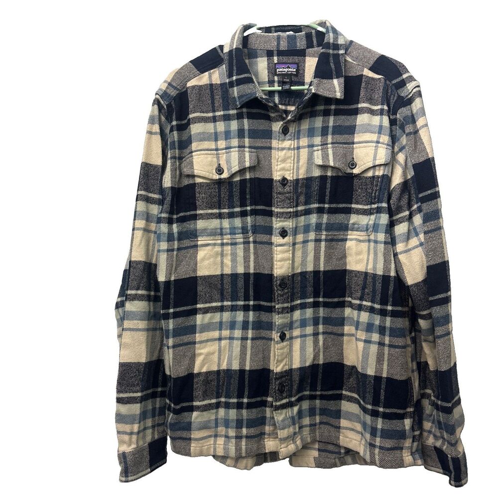 Patagonia Fjord Flannel Shirt Blue Plaid Long Sleeve Organic Cotton Men's Large